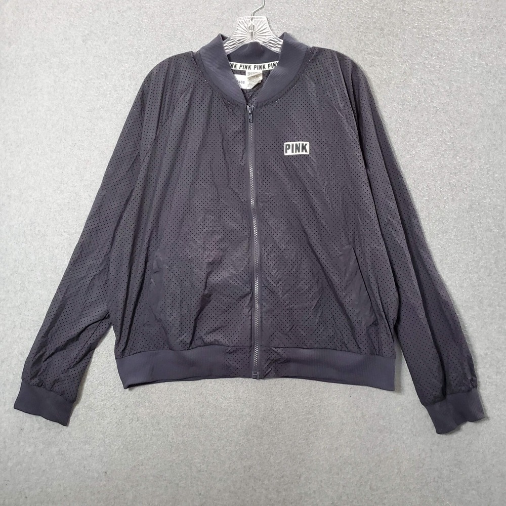 Pink Victorias Secret Women Jacket Large Black Track Mesh Logo Full Zip‎